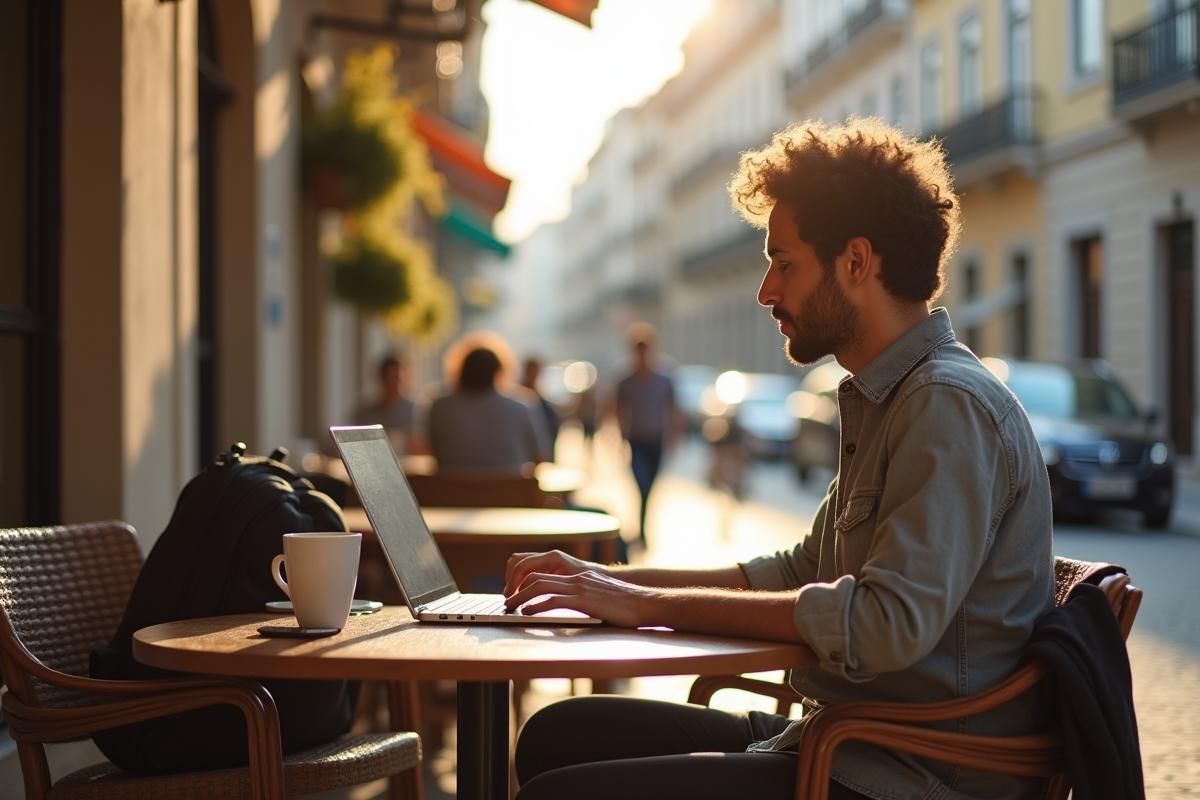 Nomade digital travaillant en extérieur à Lisbonne