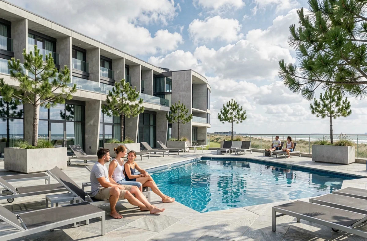 Piscine extérieure moderne du Novotel Caen Côte de Nacre avec terrasse contemporaine et façade de l'hôtel sous le ciel normand