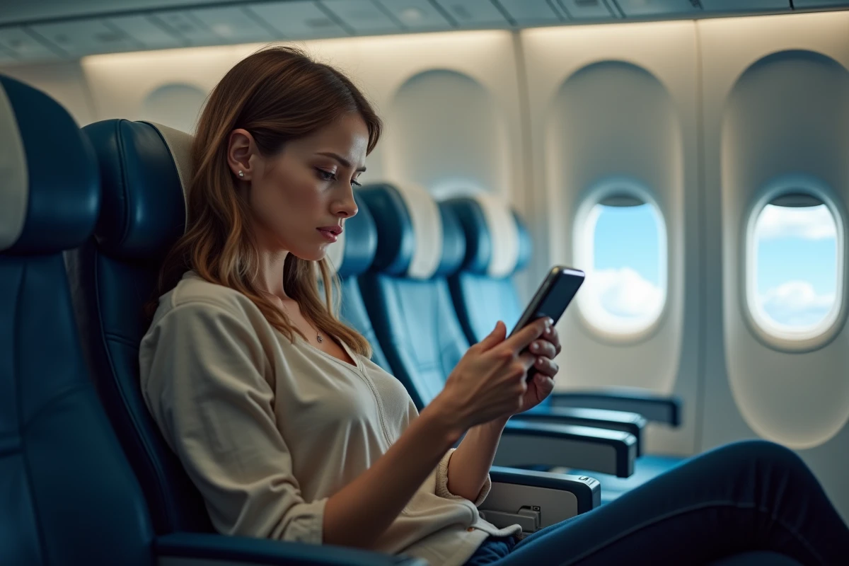 Passagère French bee lisant des avis clients sur son smartphone en cabine économique