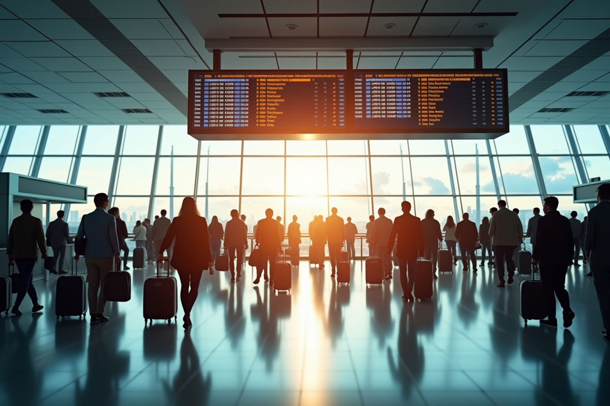 Passagers dans un aéroport international animé et lumineux