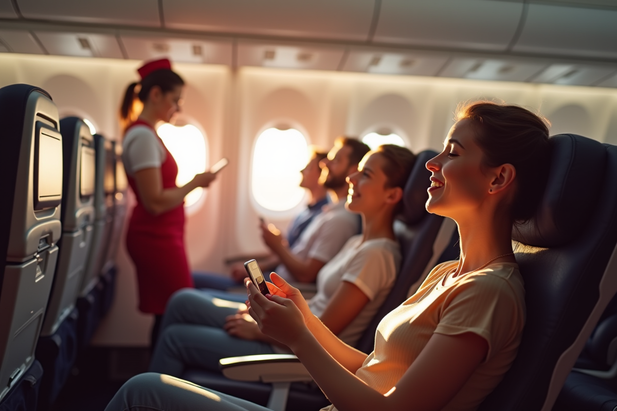 Passagers dans un avion moderne souriants utilisant leurs smartphones