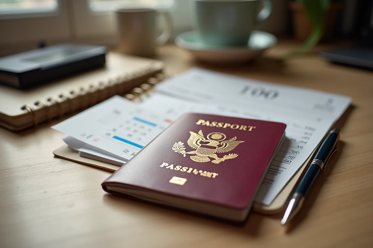 Passeport usagé posé sur un bureau avec une carte d'embarquement, illustrant la validité du document de voyage