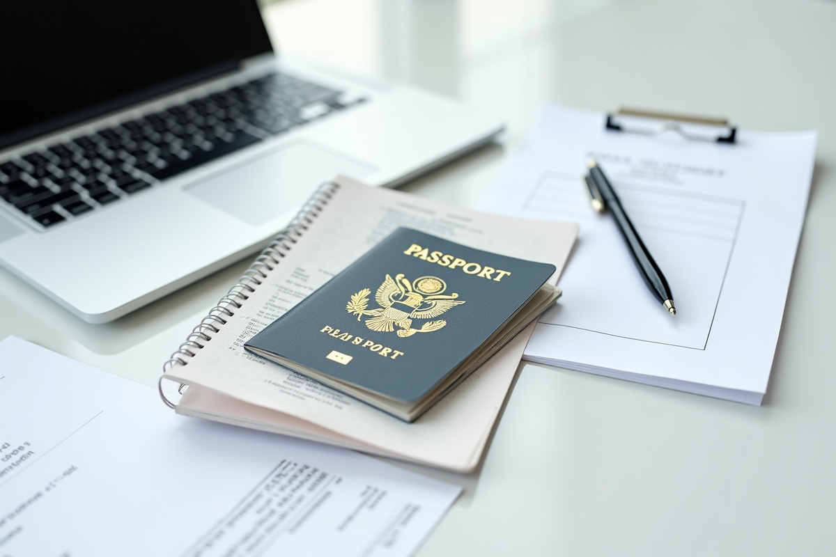 Passeport ouvert sur une table avec ordinateur et papier