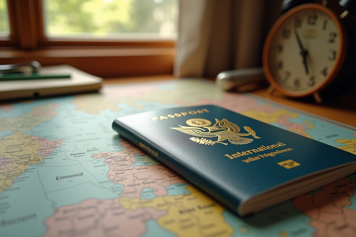 Passeport réfugié ouvert avec souvenirs de voyage sur une table en bois
