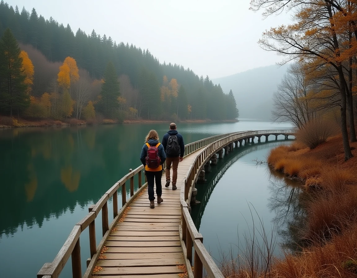 Passerelle en bois sur le sentier du tour du lac de G&eacute;rardmer en automne avec deux randonneurs