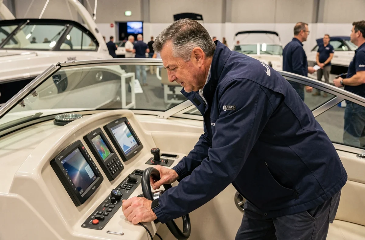Passionné de nautisme examinant les instruments de navigation d'un bateau à moteur au Salon du nautisme de Paris