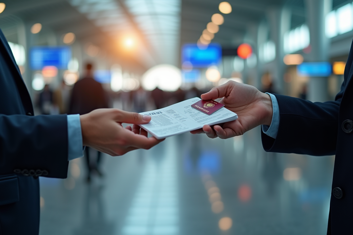 Main remettant passeport et billet à un agent à l