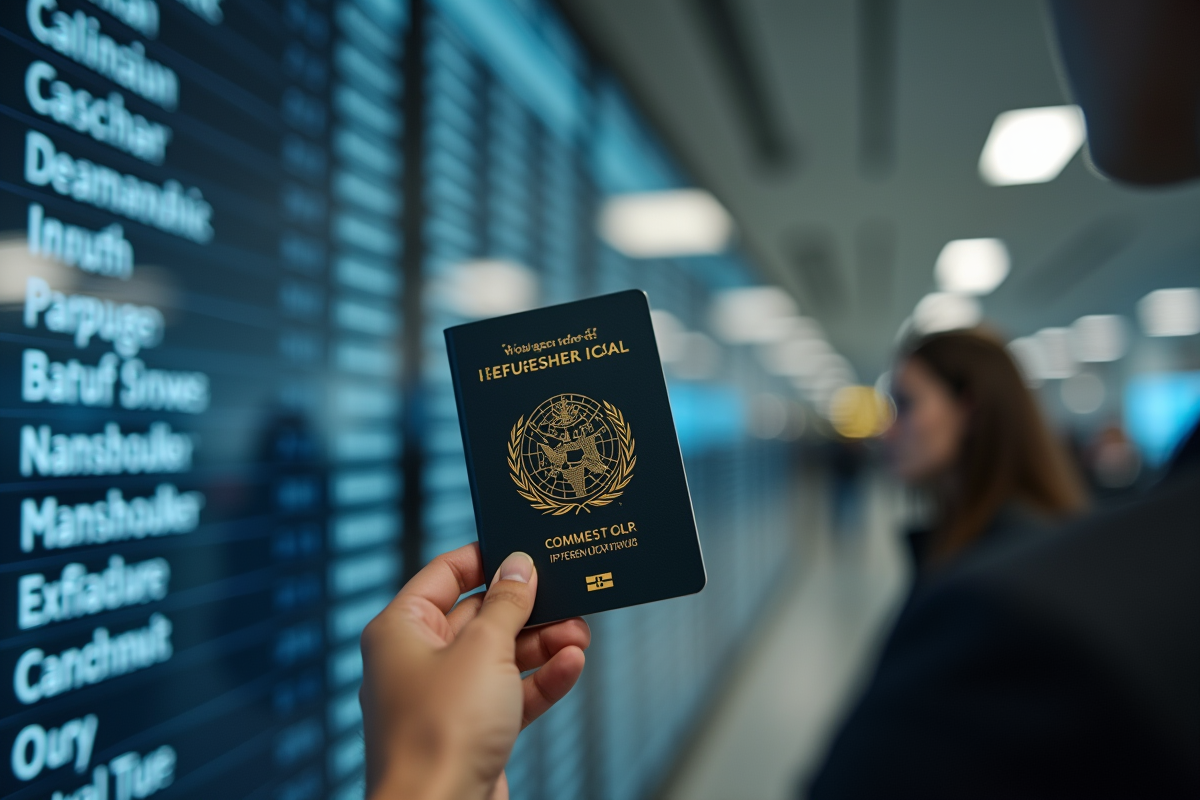 Personne tenant un passeport réfugié à l'aéroport avec tableau de départs