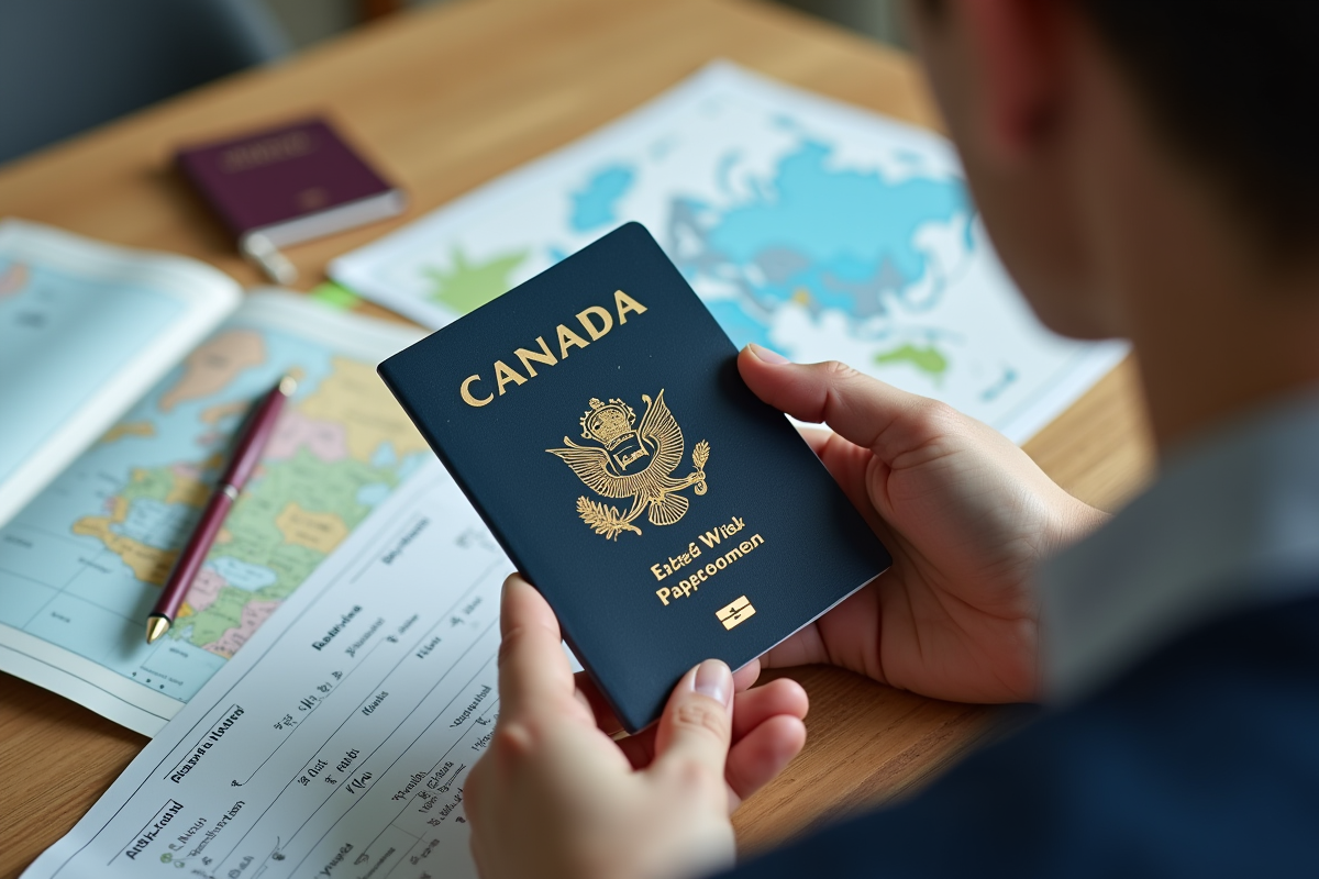 Mains tenant un passeport visa Canada ouvert avec carte et carte du monde