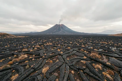 Paysage volcanique de l'Etna en Sicile avec coulées de lave solidifiée et panache de gaz volcanique en 2026