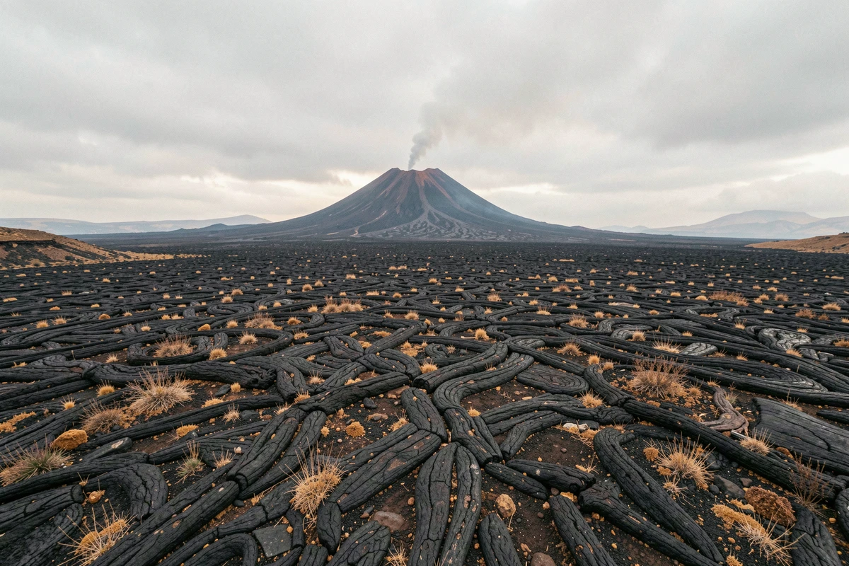 Paysage volcanique de l'Etna en Sicile avec coulées de lave solidifiée et panache de gaz volcanique en 2026