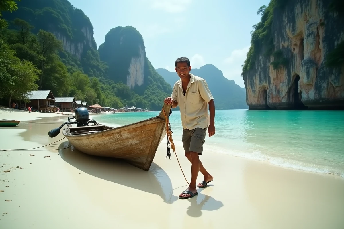 Pêcheur local tirant une bangka traditionnelle sur une plage de Mindanao entourée de falaises calcaires