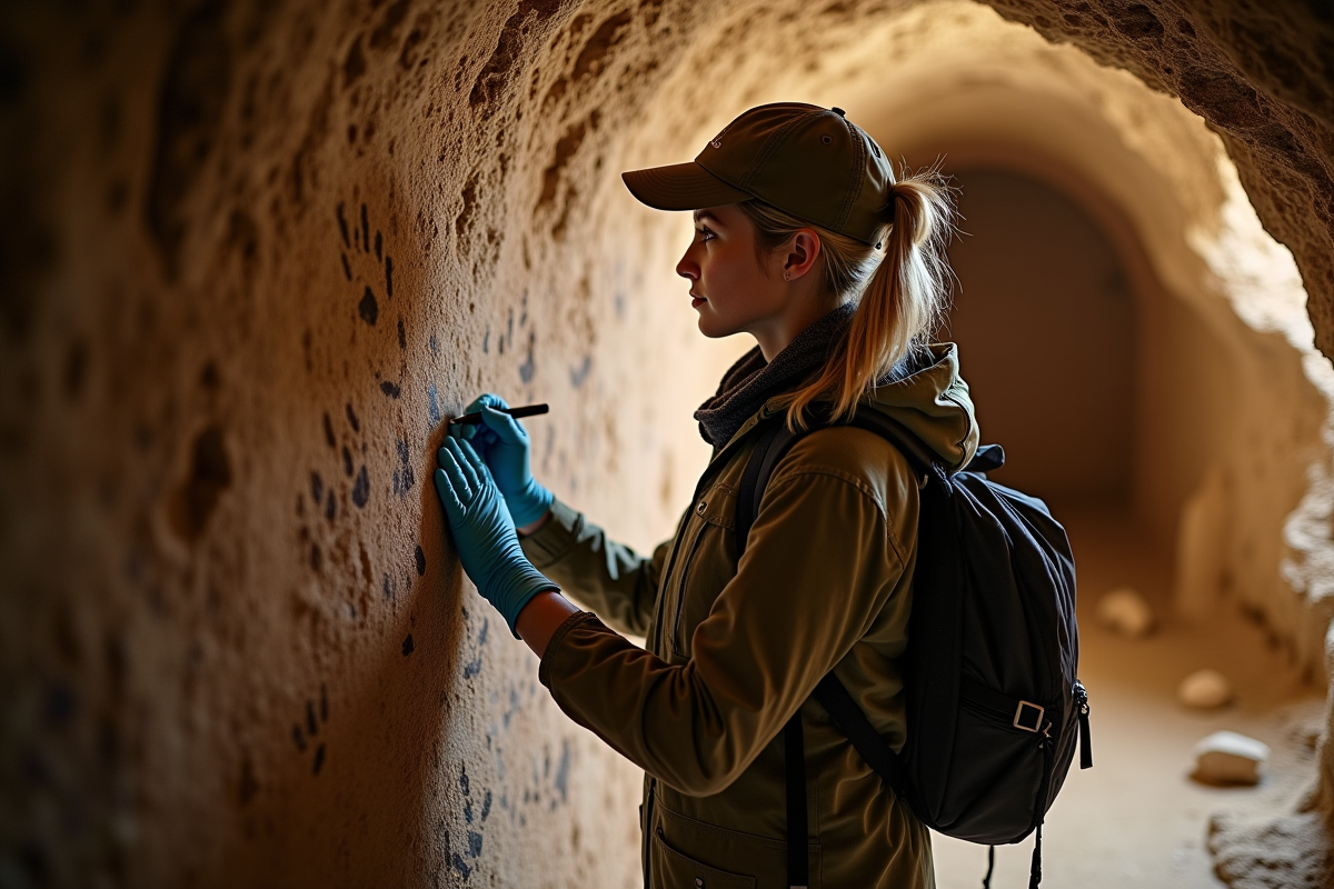 Conservatrice dans la grotte Cosquer observe les peintures anciennes