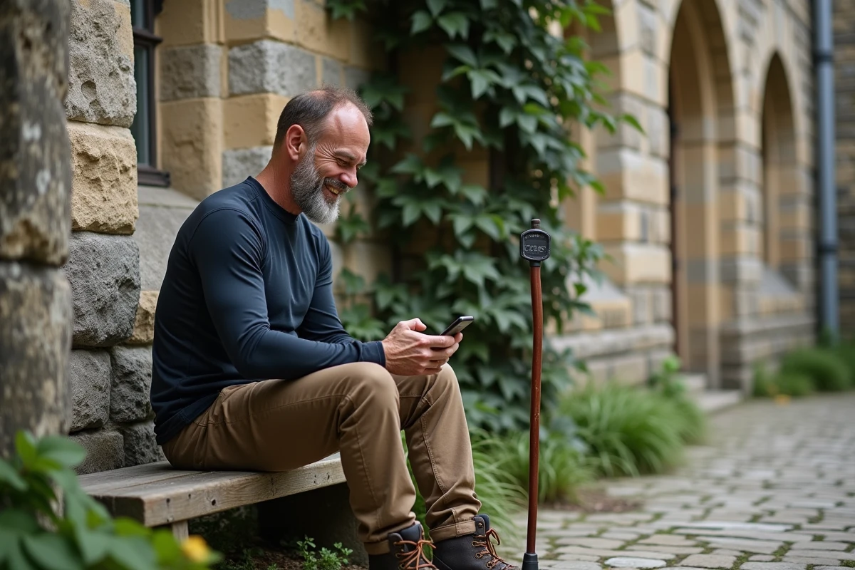 Pèlerin utilisant un calculateur de temps de marche sur smartphone devant l'Abbaye de Valmont