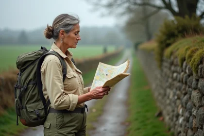 Pèlerine consultant une carte sur le chemin de Compostelle en Normandie près de l'Abbaye de Valmont