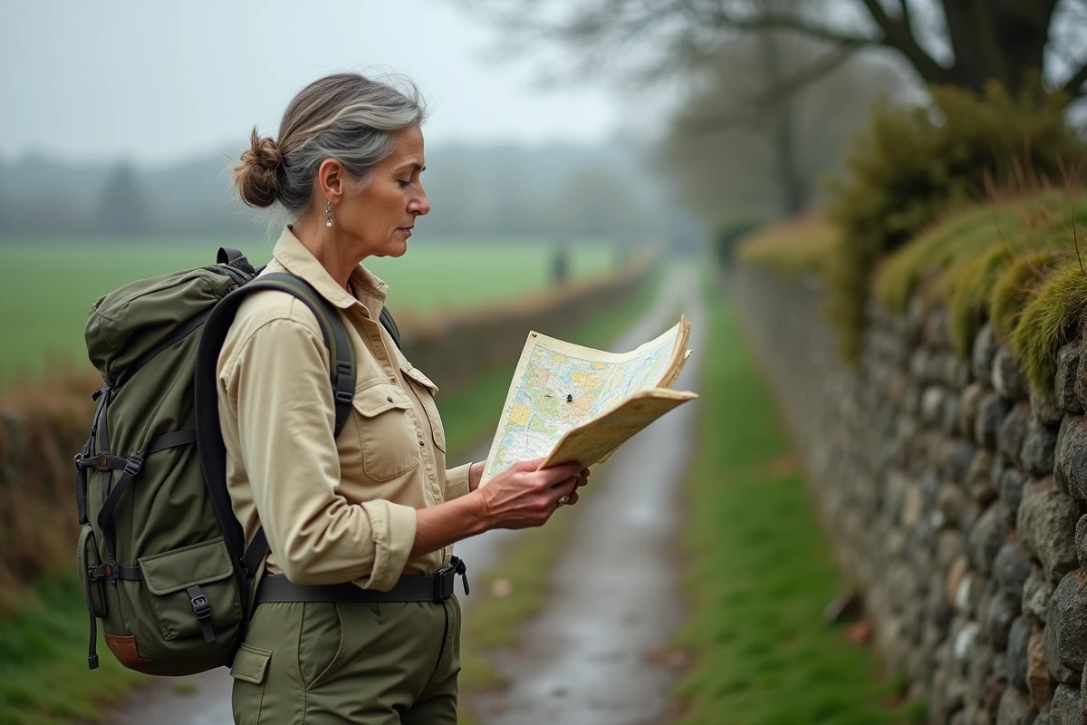 Pèlerine consultant une carte sur le chemin de Compostelle en Normandie près de l'Abbaye de Valmont