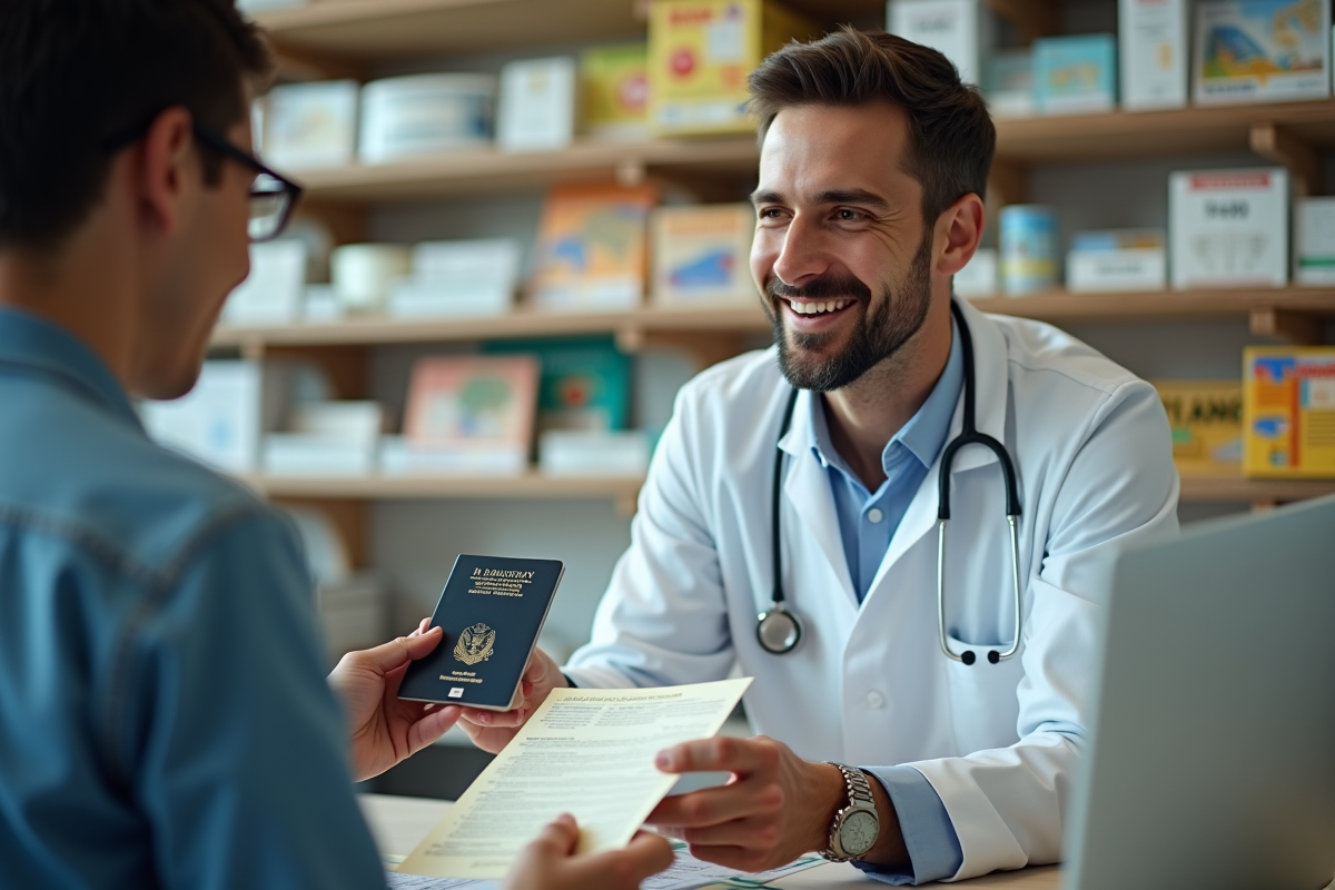 Pharmacien souriant remettant un certificat de vaccination fièvre jaune au voyageur