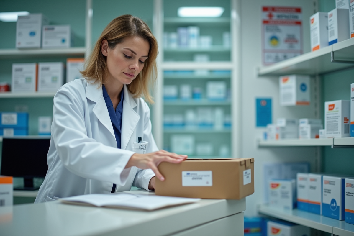 Pharmacienne en blouse blanche vérifiant un transport médical