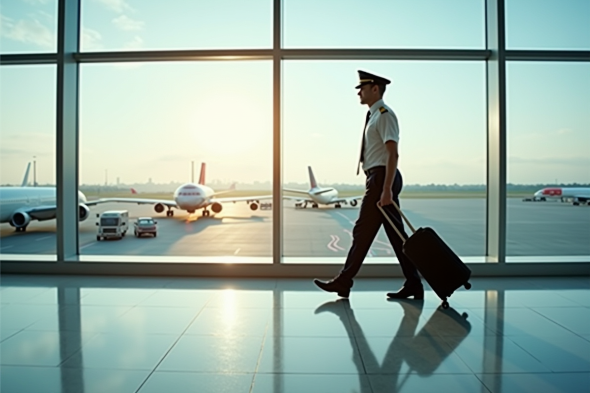 Pilote marchant dans un aéroport avec valise en main