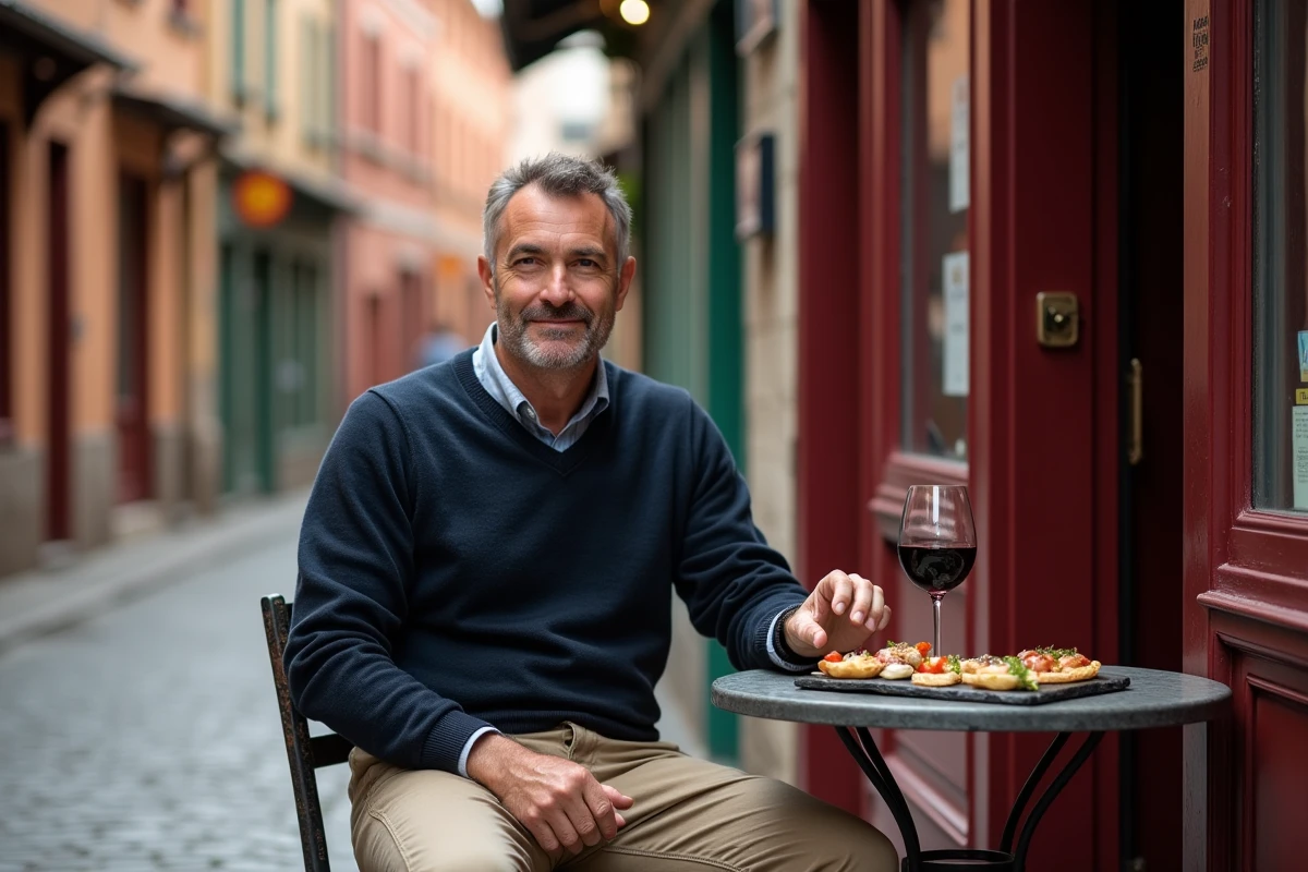 Homme dégustant des pintxos et du Txakoli dans un bar typique du vieux Bayonne, expérience culinaire basque authentique