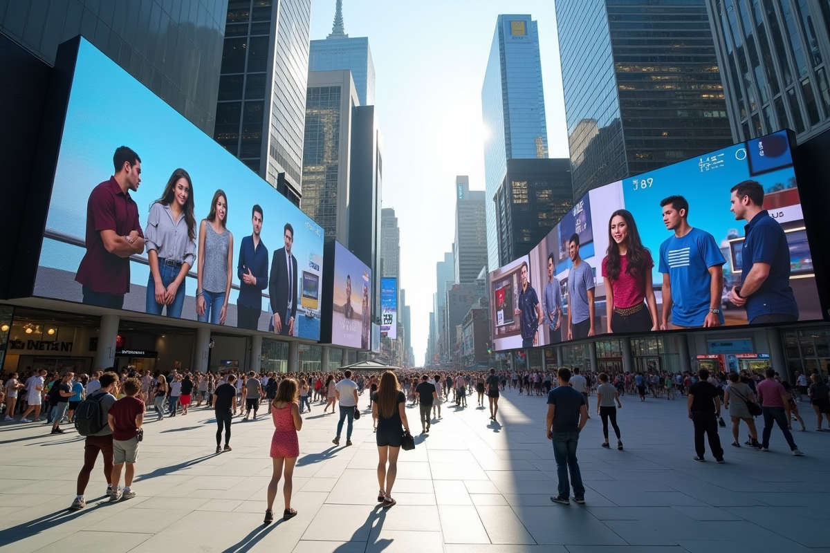 Place urbaine moderne avec un écran géant diffusant une série télé