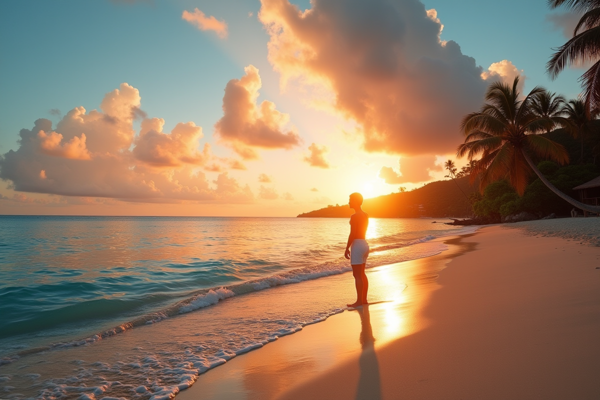 Plage de Tahiti au lever du soleil avec personne et palmiers