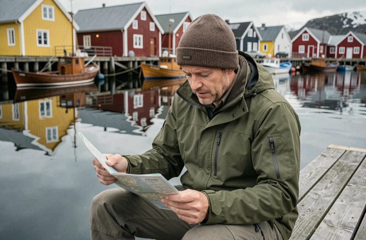 Randonneur consultant une carte sur un ponton d'un village de pêcheurs des Lofoten avec des rorbuer colorés reflétés dans l'eau calme du port