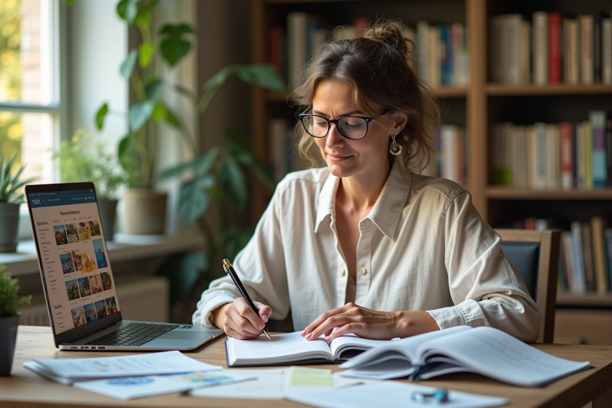 Femme planifiant un voyage méditerranéen à son bureau avec brochures et calendrier