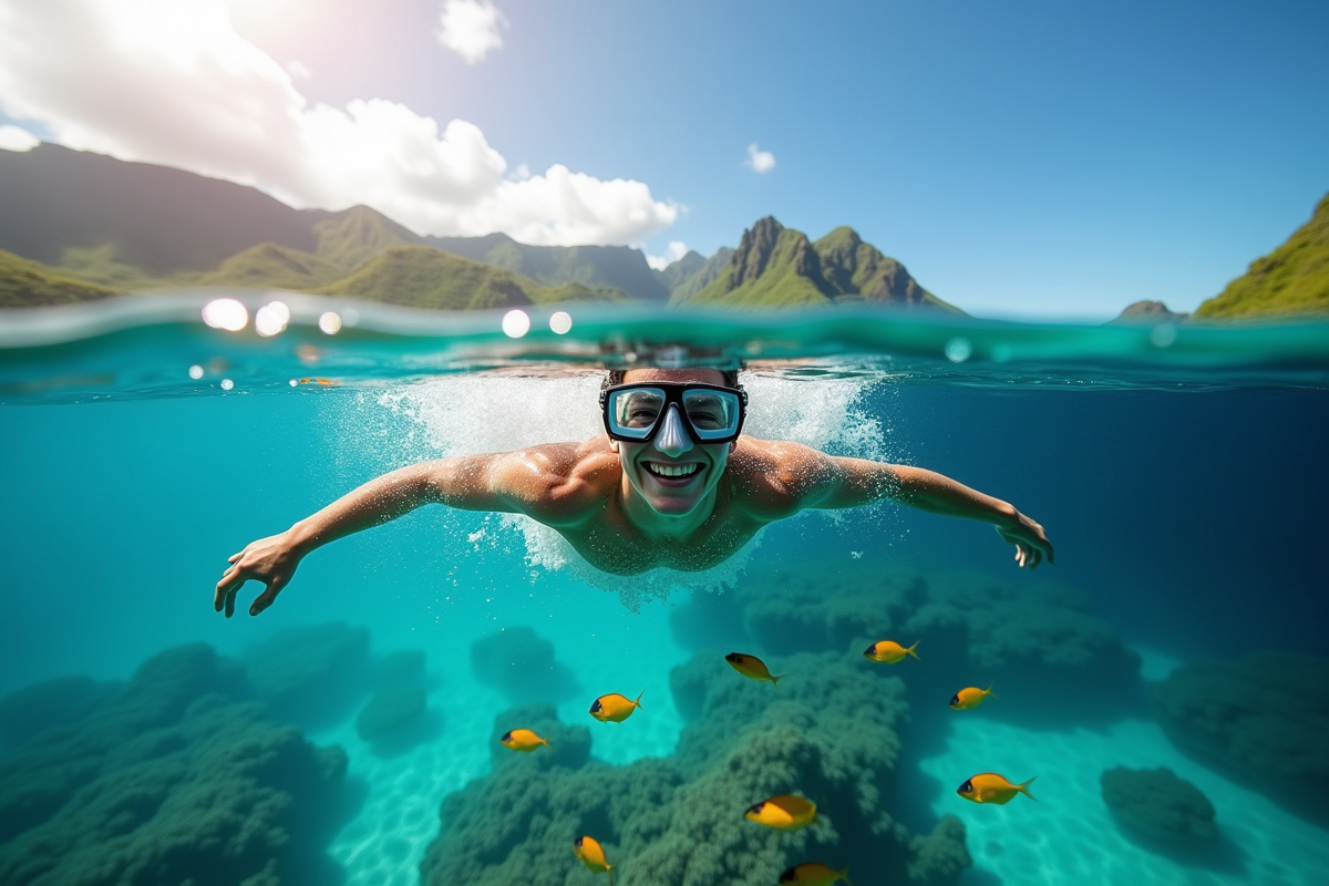 Plongeur souriant avec masque à Tahiti dans eaux turquoise