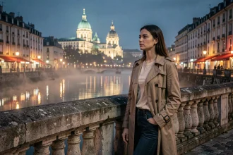 Jeune femme sur le Pont Bonaparte à Lyon la nuit avec vue sur la basilique de Fourvière et le reflet de la ville sur la Saône