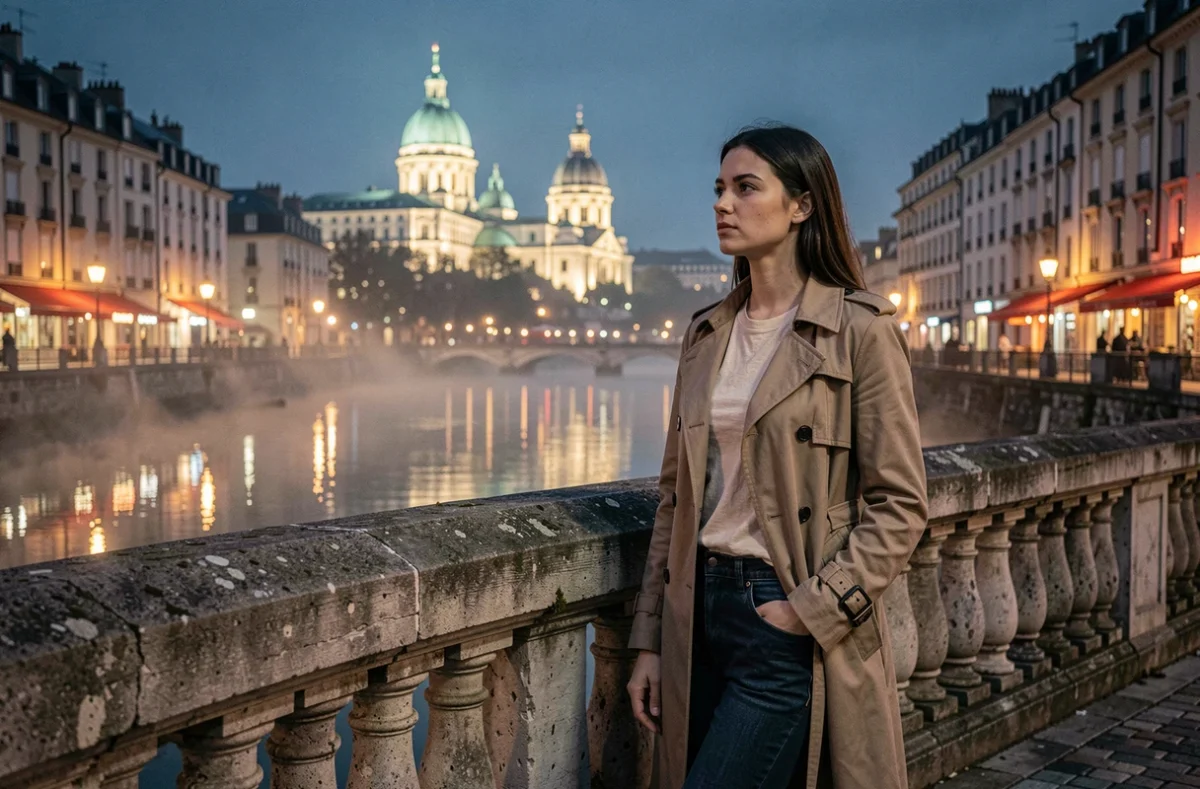 Jeune femme sur le Pont Bonaparte à Lyon la nuit avec vue sur la basilique de Fourvière et le reflet de la ville sur la Saône