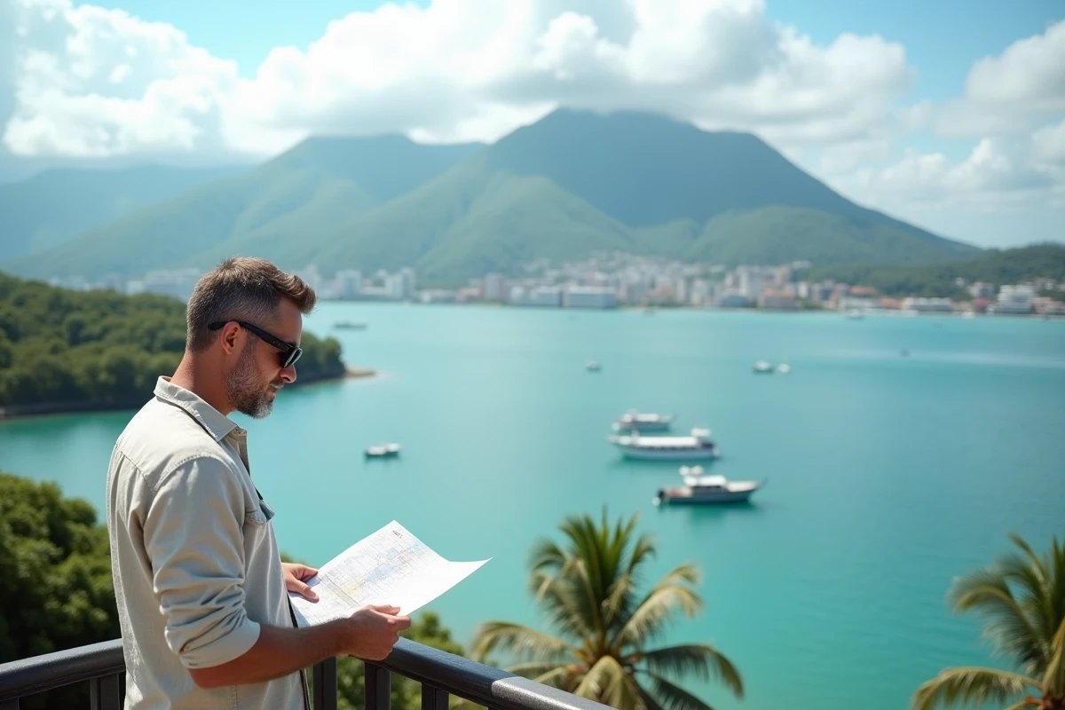 Vue panoramique du port de Kingston avec les Montagnes Bleues en arrière-plan et un touriste consultant une carte