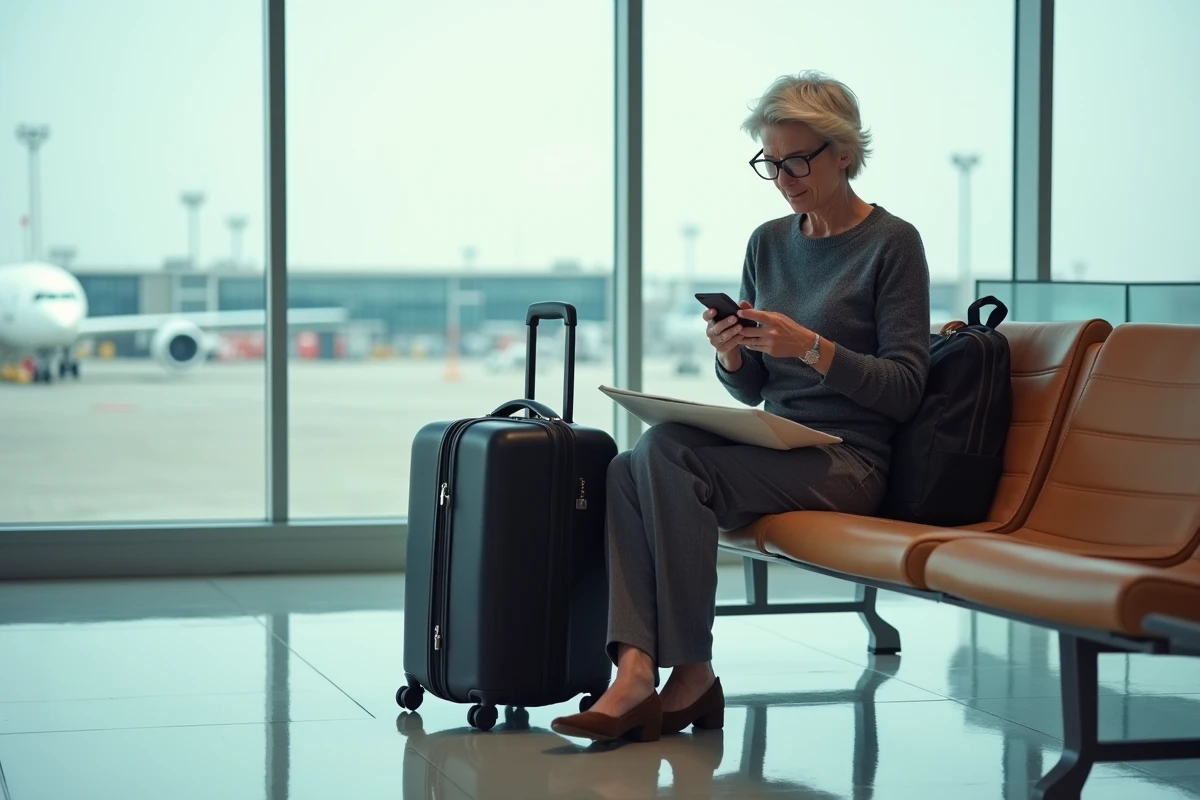 Femme à une porte d'embarquement avec une valise cabine et un sac à dos de voyage Air France