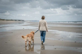 Femme se promenant avec son golden retriever sur une plage normande à marée basse près de Honfleur