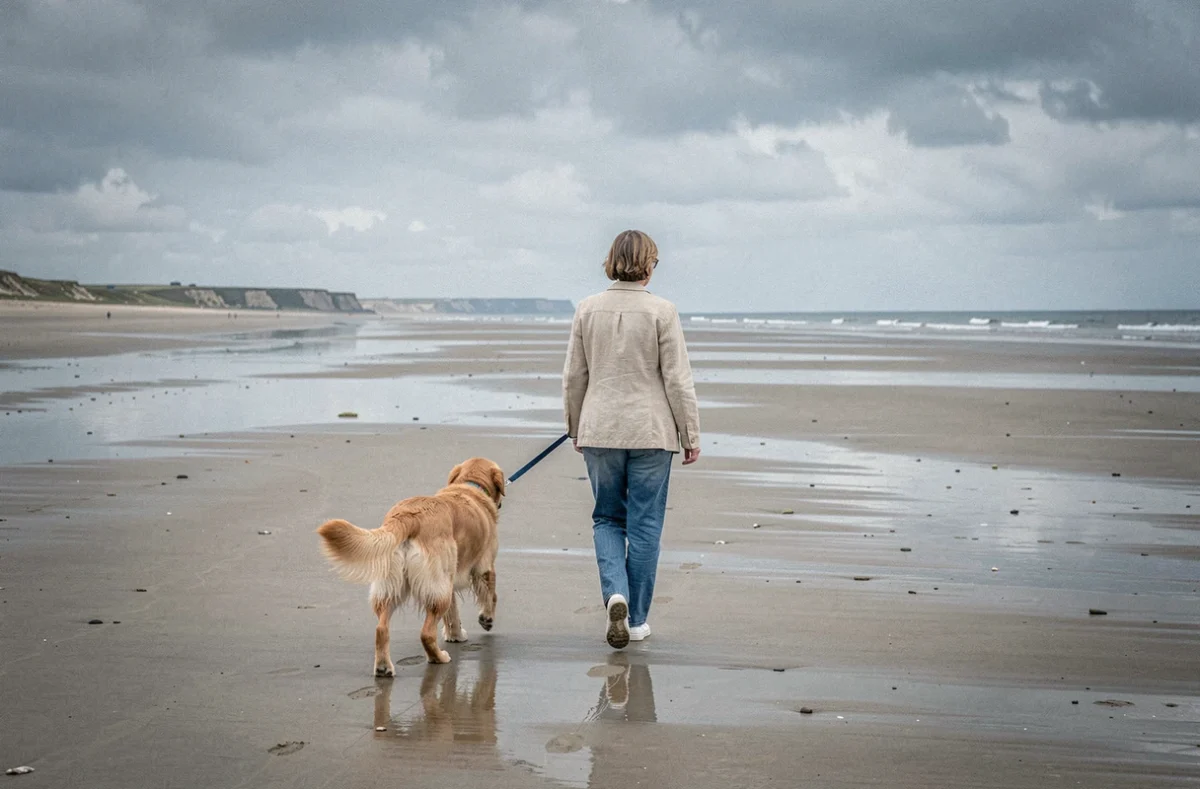 Femme se promenant avec son golden retriever sur une plage normande à marée basse près de Honfleur
