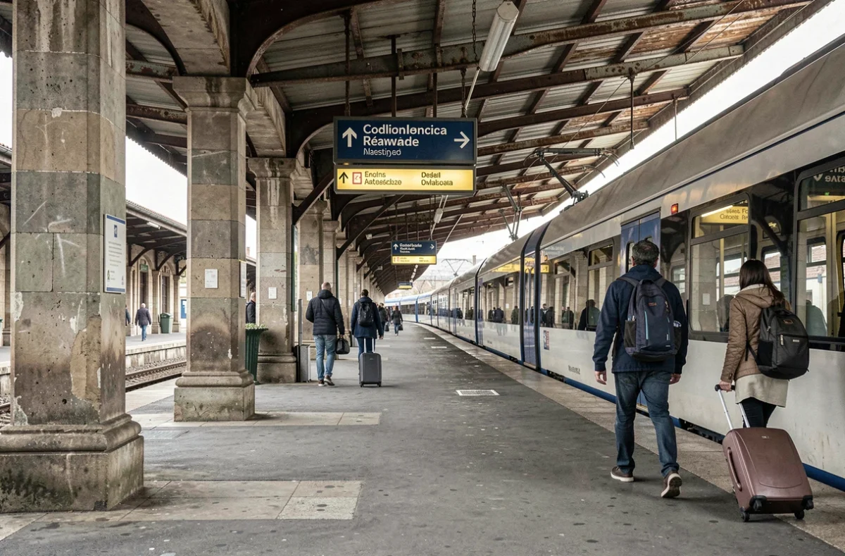 Quai de gare franco-italienne avec train régional et voyageurs en partance