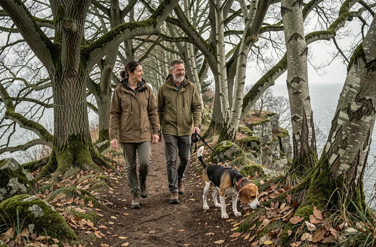 Couple en randonnée avec leur beagle sur le sentier forestier de la Côte de Grâce à Honfleur en automne