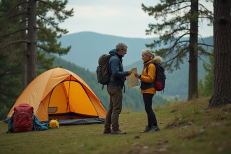 Couple de randonneurs vérifiant une carte près de leur tente en Belgique