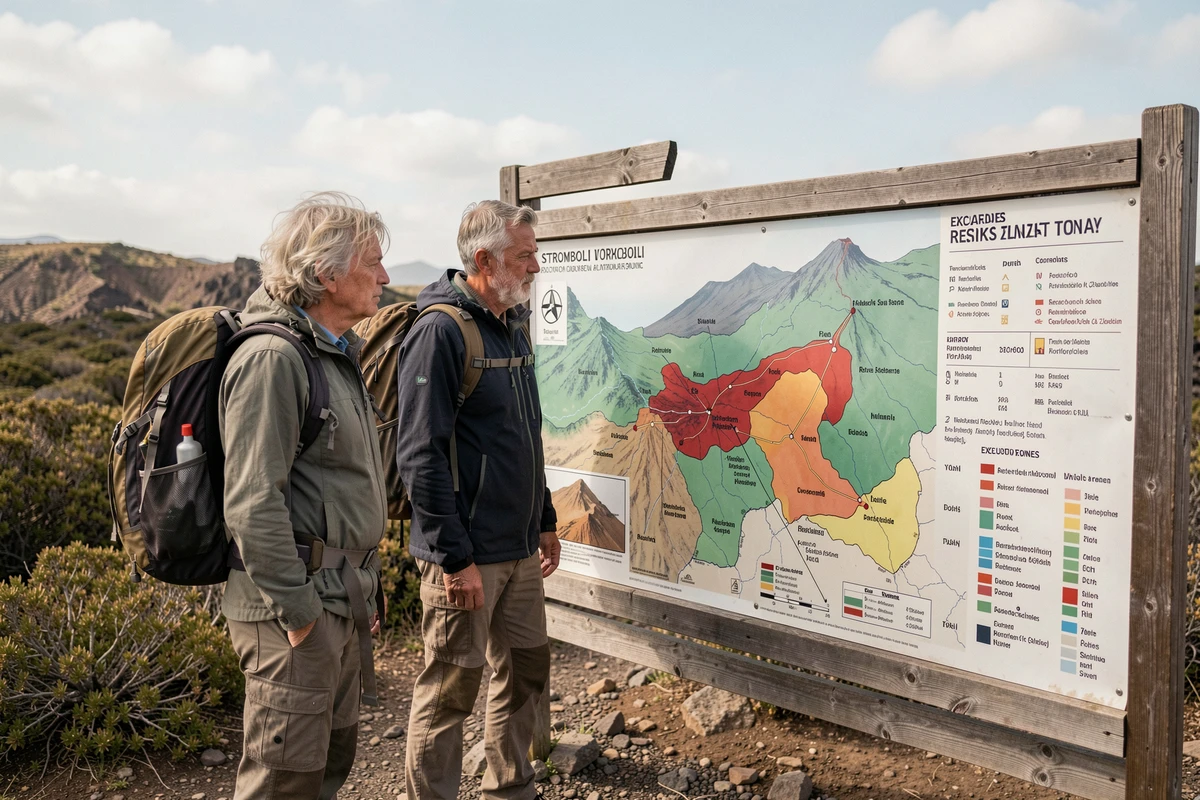 Couple de randonneurs consultant une carte des zones à risque volcanique mise à jour près de Stromboli en Italie