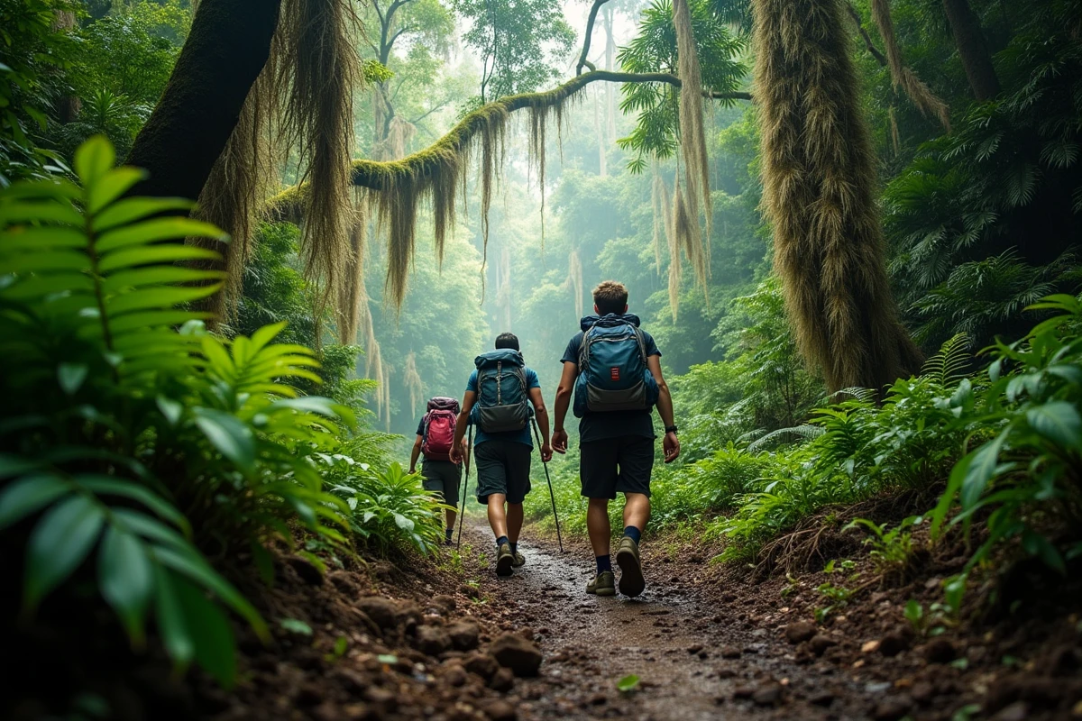 Groupe de randonneurs explorant un sentier de jungle dans la forêt tropicale dense de Mindanao aux Philippines