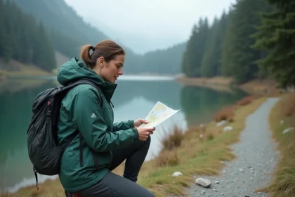Randonneuse consultant une carte sur le sentier du tour du lac de G&eacute;rardmer dans les Vosges