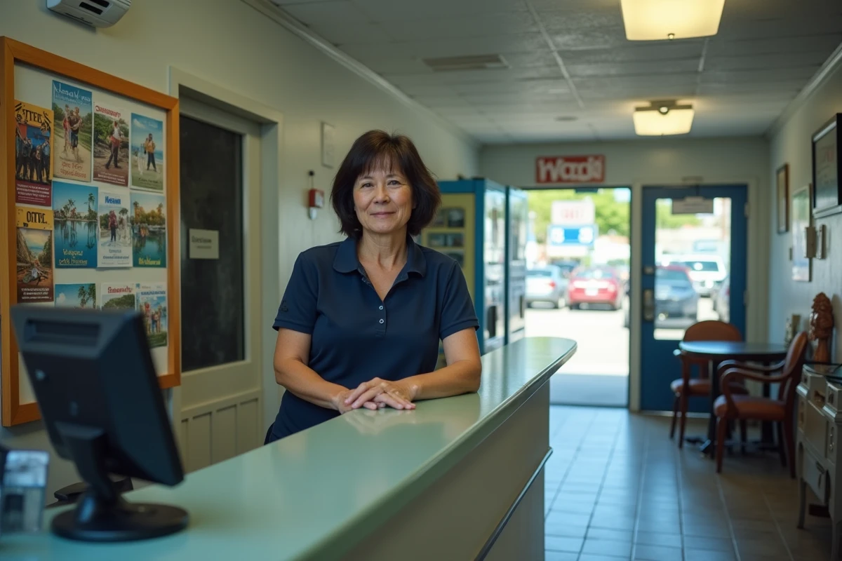 Réceptionniste de motel derrière un comptoir avec panneau de clés et brochures touristiques dans un hall fonctionnel