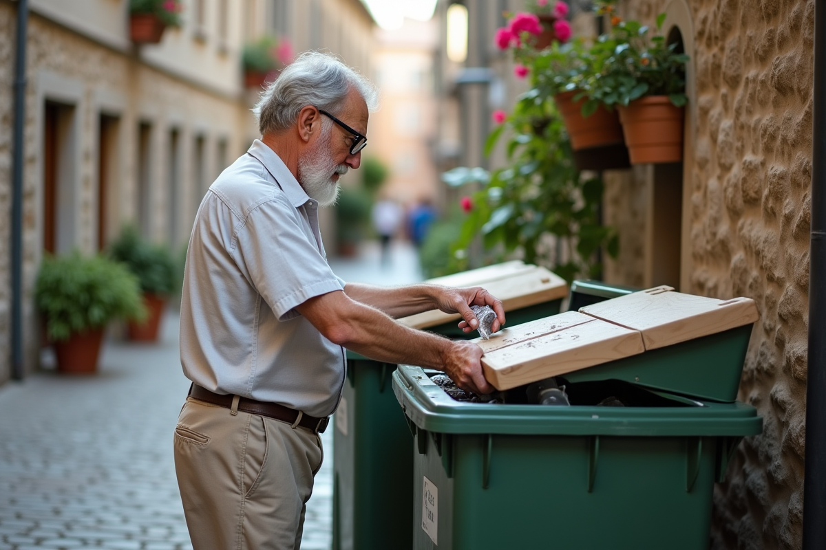 Homme âgé triant des déchets recyclables dans un village européen