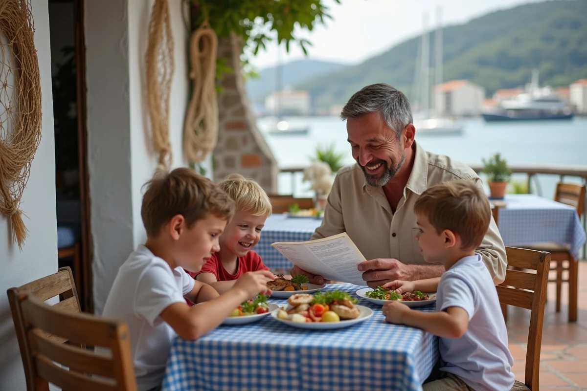 Père et enfants déjeunant dans une taverne grecque traditionnelle en bord de mer sur l'île de Chalki