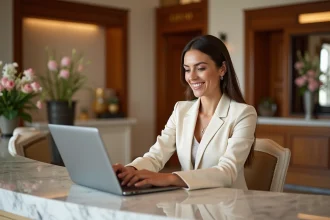 Femme réservant un hôtel 5 étoiles à Strasbourg sur ordinateur portable dans un lobby luxueux aux détails alsaciens
