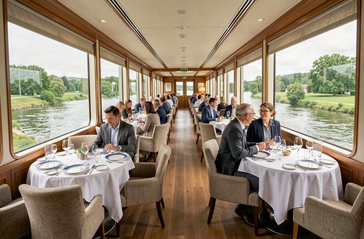 Salle à manger élégante d'un bateau de croisière fluviale sur la Loire avec vue sur les berges