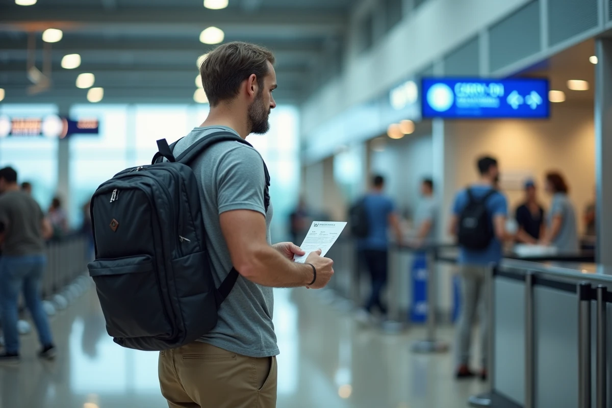 Passager vérifiant les restrictions de taille de bagage cabine à l'aéroport avant un vol Volotea