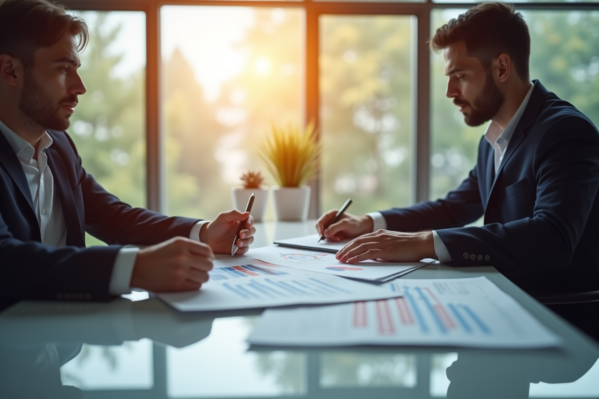 Réunion entre deux professionnels analysant des documents financiers