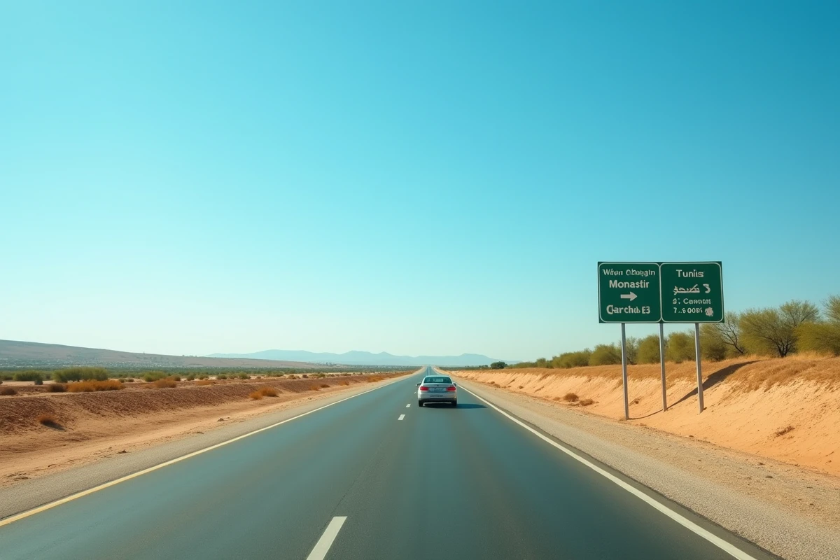 Route nationale tunisienne avec panneaux indiquant la distance entre Monastir et Tunis sous un ciel méditerranéen dégagé