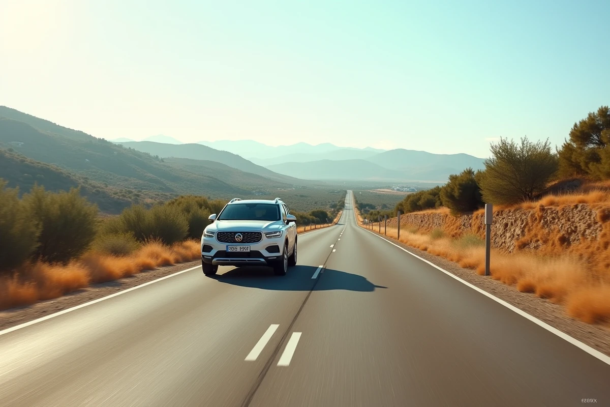 SUV blanc roulant sur une route secondaire gratuite en Espagne avec paysage andalou et village blanc en arrière-plan